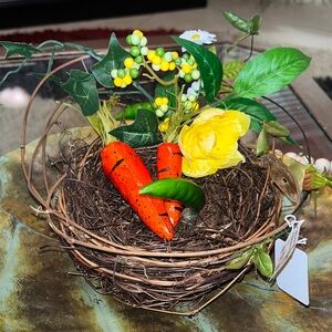 Faux Floral Nest with Orange Carrots and Yellow Blooms